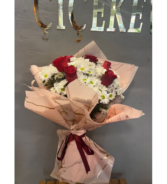BUKET (Papatya Gül Yuvarlak Buket)
